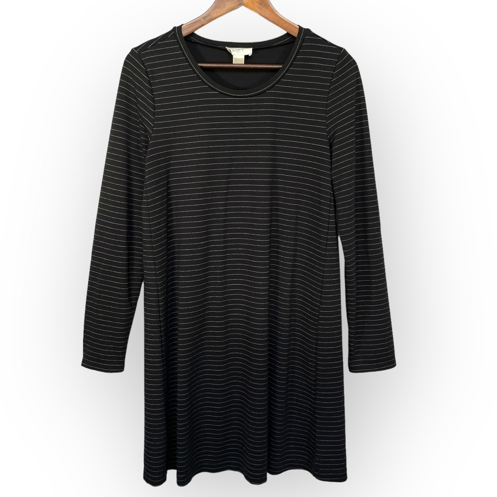 Loft Outlet Womens Black White Striped Long Sleeve Shift Dress Size Medium